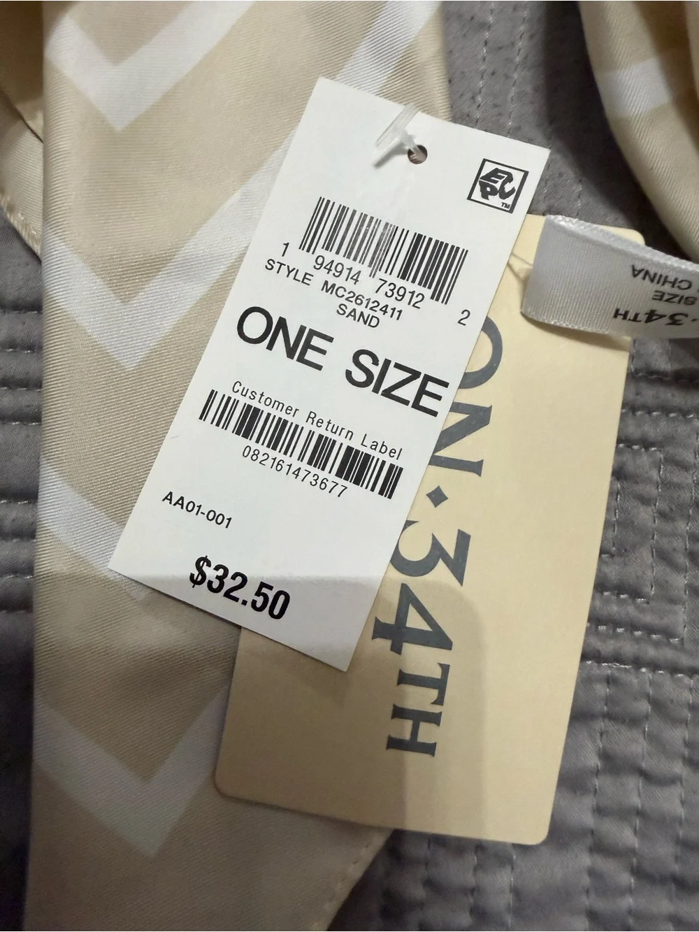 On 34th Striped Bandana Scarf Women's One  Size Sand. NWT
